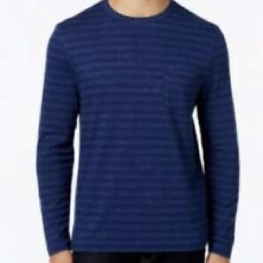 Club Room Men's Sz 3X Big Long Sleeve T-Shirt Blue Stripes Crewneck Chest Pocket